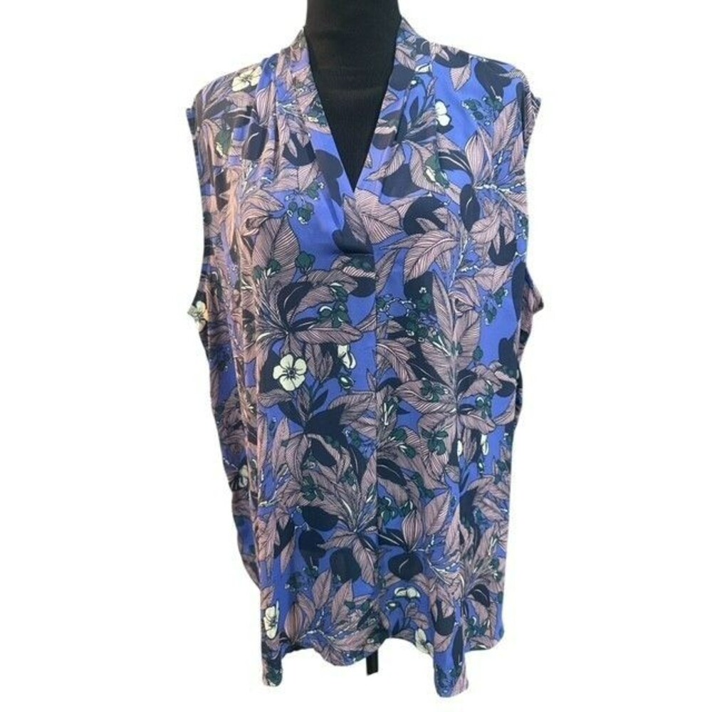 Halogen Womens Blouse Size 20W Blue Floral Sleeveless V-Neck Side Slits Tunic